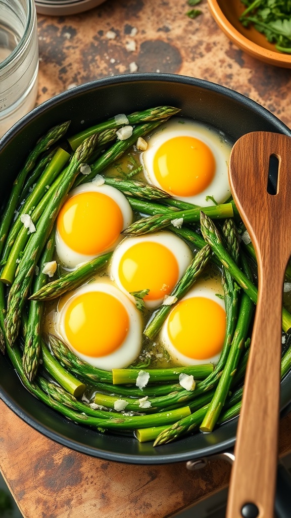 A delicious breakfast skillet with asparagus and eggs garnished with cheese and herbs.